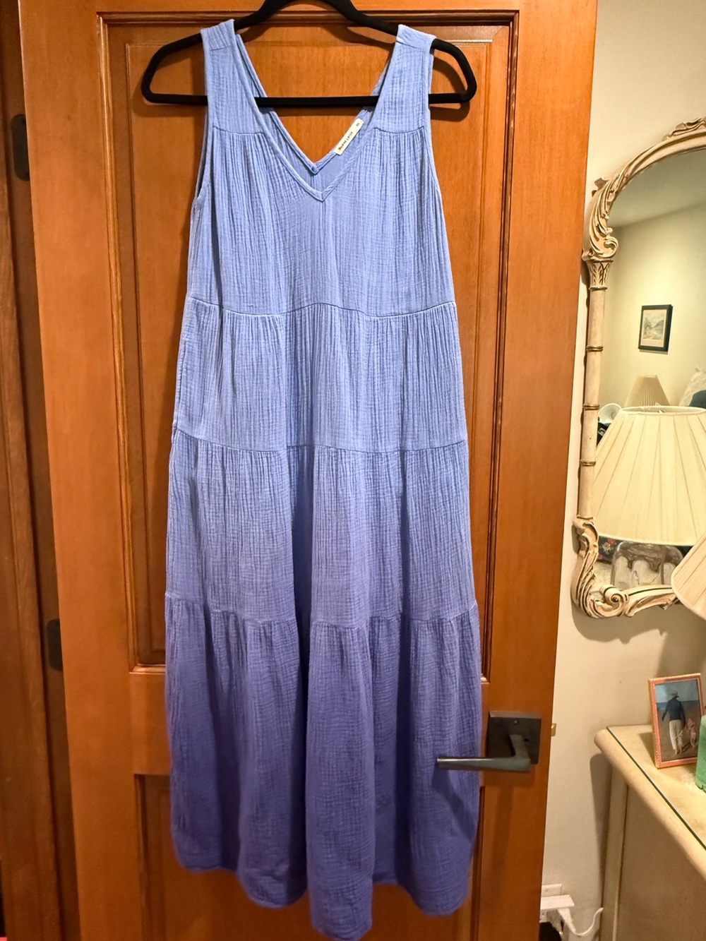 Marine Layer Ombré Blue Tiered V-Neck Maxi Dress. 100% cotton gauze.